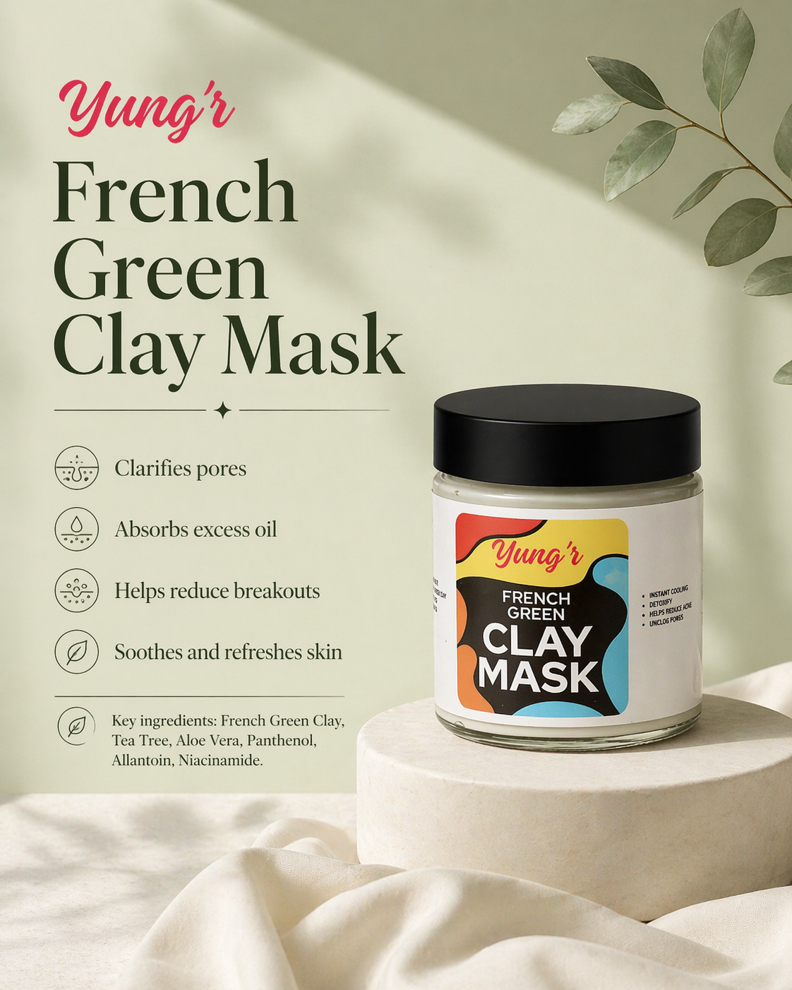 Yung’r French Green Clay Anti-Acne Face Mask with Niacinamide & Cucumber | Pore Refining & Oil Control, 100g