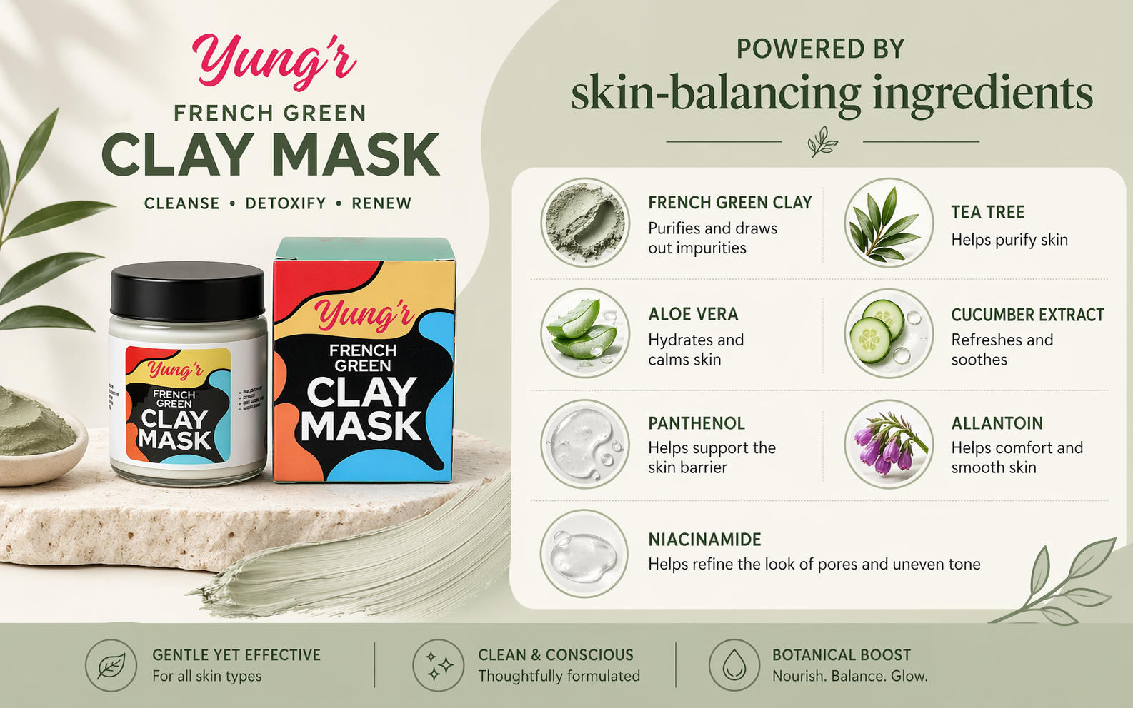 Yung’r French Green Clay Anti-Acne Face Mask with Niacinamide & Cucumber | Pore Refining & Oil Control, 100g