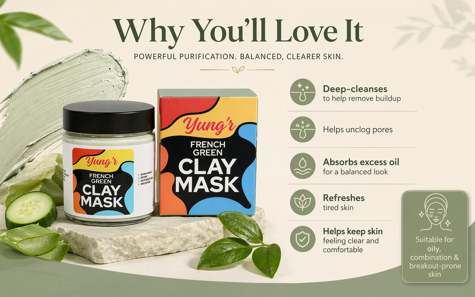 Yung’r French Green Clay Anti-Acne Face Mask with Niacinamide & Cucumber | Pore Refining & Oil Control, 100g