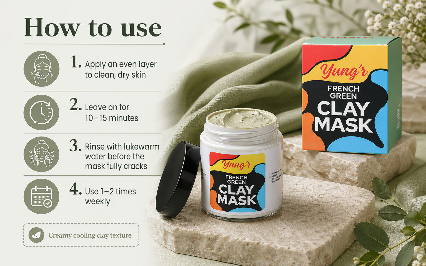 Yung’r French Green Clay Anti-Acne Face Mask with Niacinamide & Cucumber | Pore Refining & Oil Control, 100g