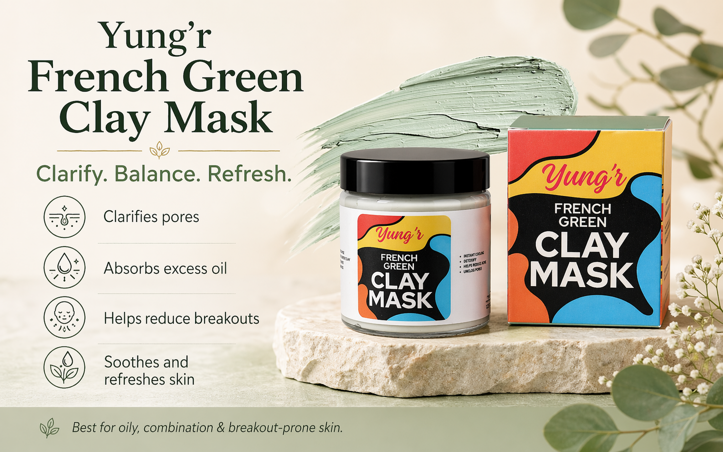 Yung’r French Green Clay Anti-Acne Face Mask with Niacinamide & Cucumber | Pore Refining & Oil Control, 100g