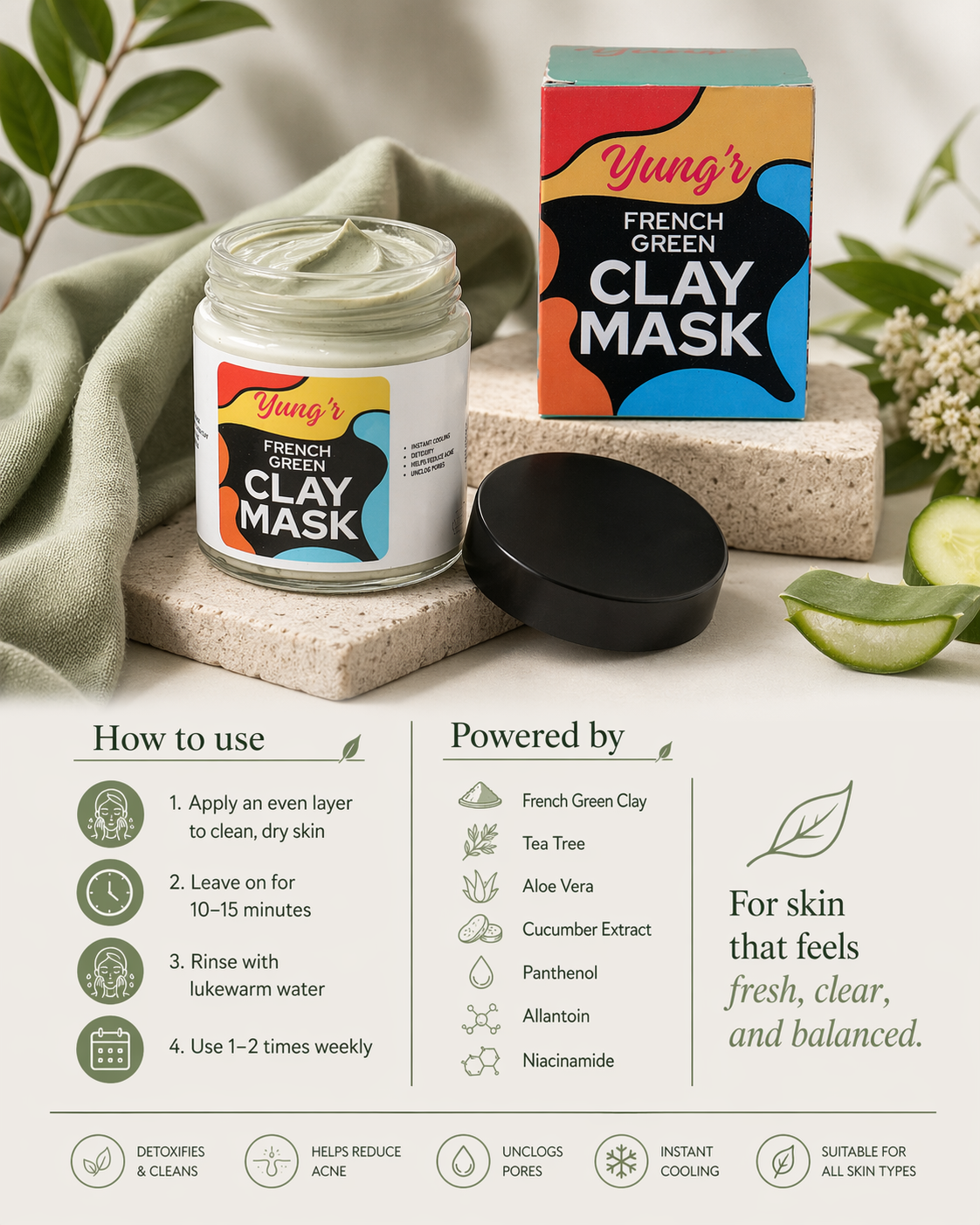 Yung’r French Green Clay Anti-Acne Face Mask with Niacinamide & Cucumber | Pore Refining & Oil Control, 100g