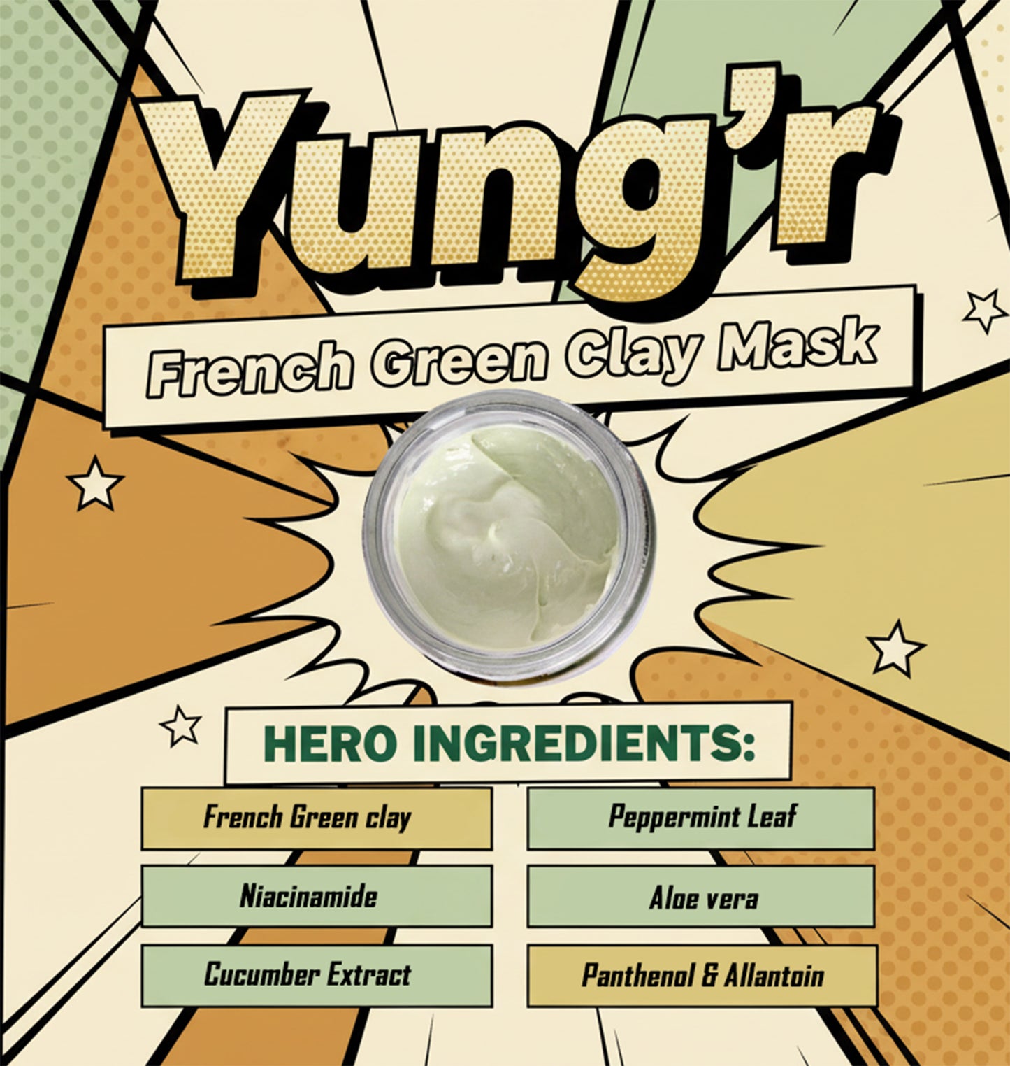 Yung’r French Green Clay Anti-Acne Face Mask with Niacinamide & Cucumber | Pore Refining & Oil Control, 100g