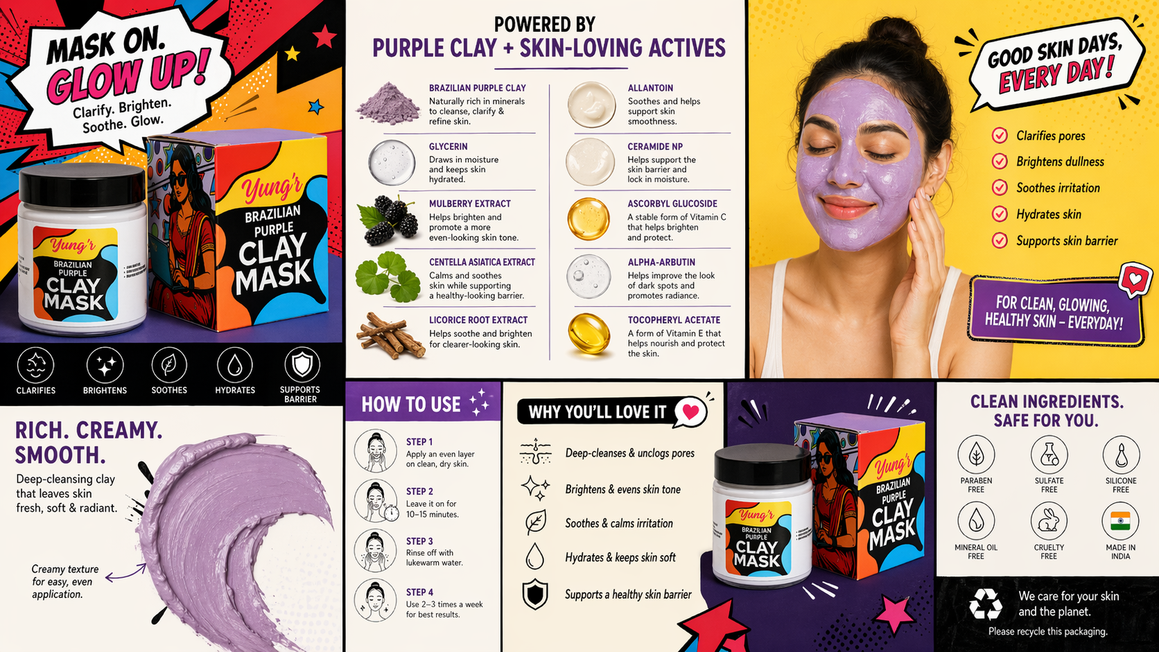 Yung’r Brazilian Purple Clay Glow Mask with Mulberry, Licorice & Gotu Kola | Brightening & Hydrating Face Mask with Ceramides, 100g