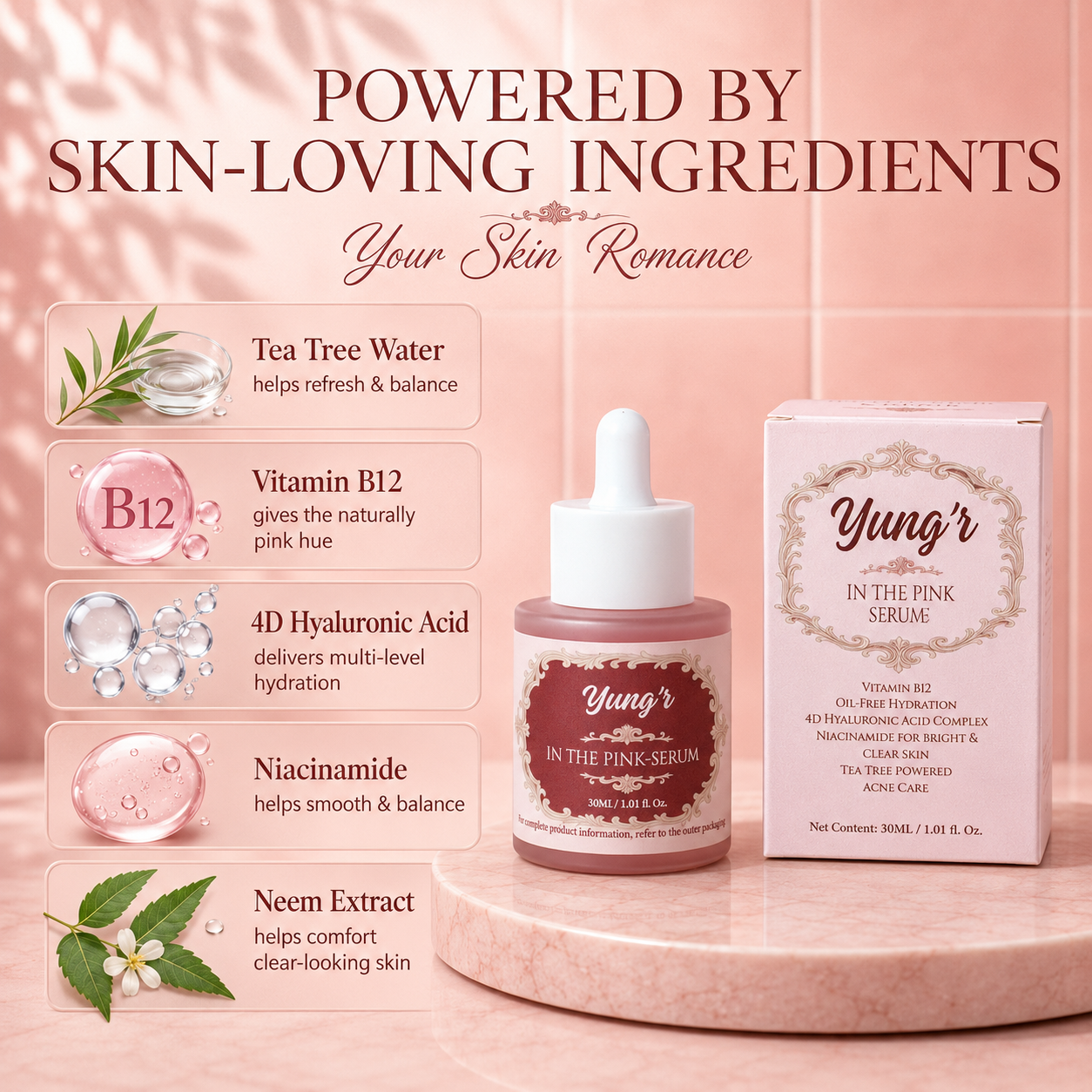 Yung'r In The Pink Face Serum, 3% Niacinamide & 4D Hyaluronic Acid, 30ml
