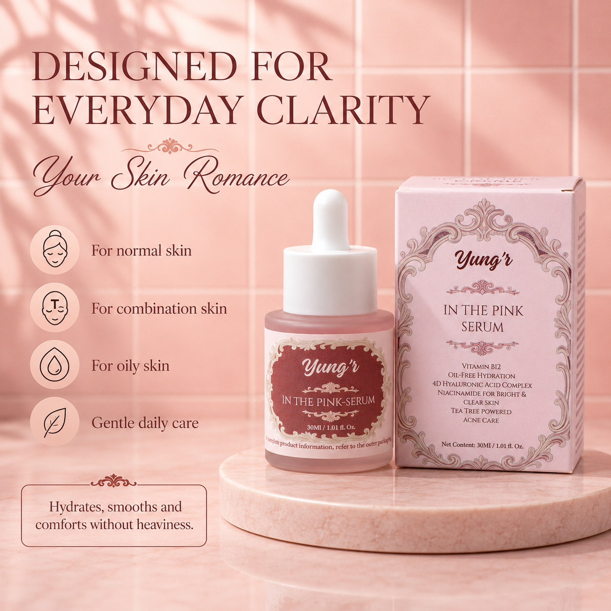 Yung'r In The Pink Face Serum, 3% Niacinamide & 4D Hyaluronic Acid, 30ml