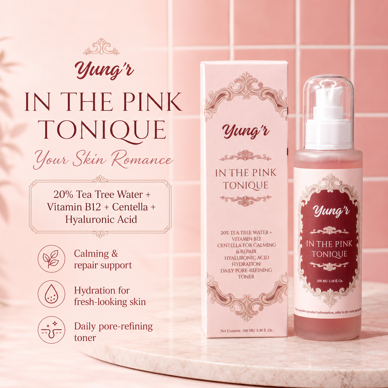 Yung'r In The Pink Tonique Hydrating Face Toner | Tea Tree Water, Betaine, Centella, Hyaluronic Acid & Vitamin B12 | Alcohol-Free Daily Toner for Healthy, Balanced Skin | 100ml