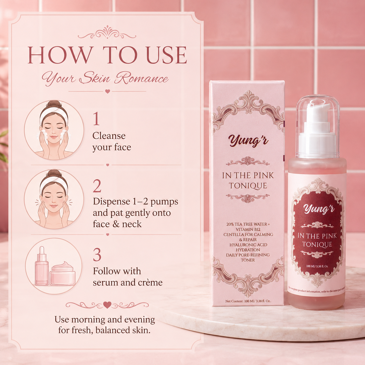 Yung'r In The Pink Tonique Hydrating Face Toner | Tea Tree Water, Betaine, Centella, Hyaluronic Acid & Vitamin B12 | Alcohol-Free Daily Toner for Healthy, Balanced Skin | 100ml