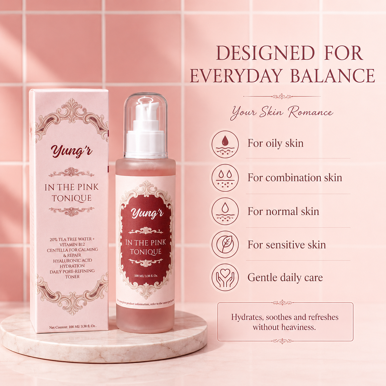 Yung'r In The Pink Tonique Hydrating Face Toner | Tea Tree Water, Betaine, Centella, Hyaluronic Acid & Vitamin B12 | Alcohol-Free Daily Toner for Healthy, Balanced Skin | 100ml